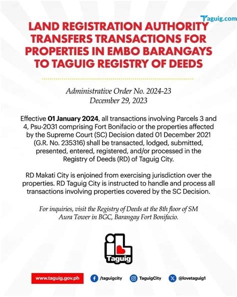registry of deeds taguig|EMBO Land Transactions Transferred to Taguig's Registry of .